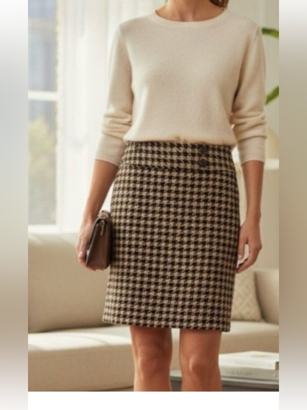 Ann Taylor sz 6 brown beige Houndstooth skirt boucle textured classic preppy